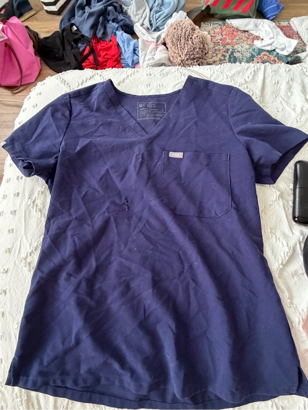 Figs Navy V-Neck Scrub Top with Chest Pocket